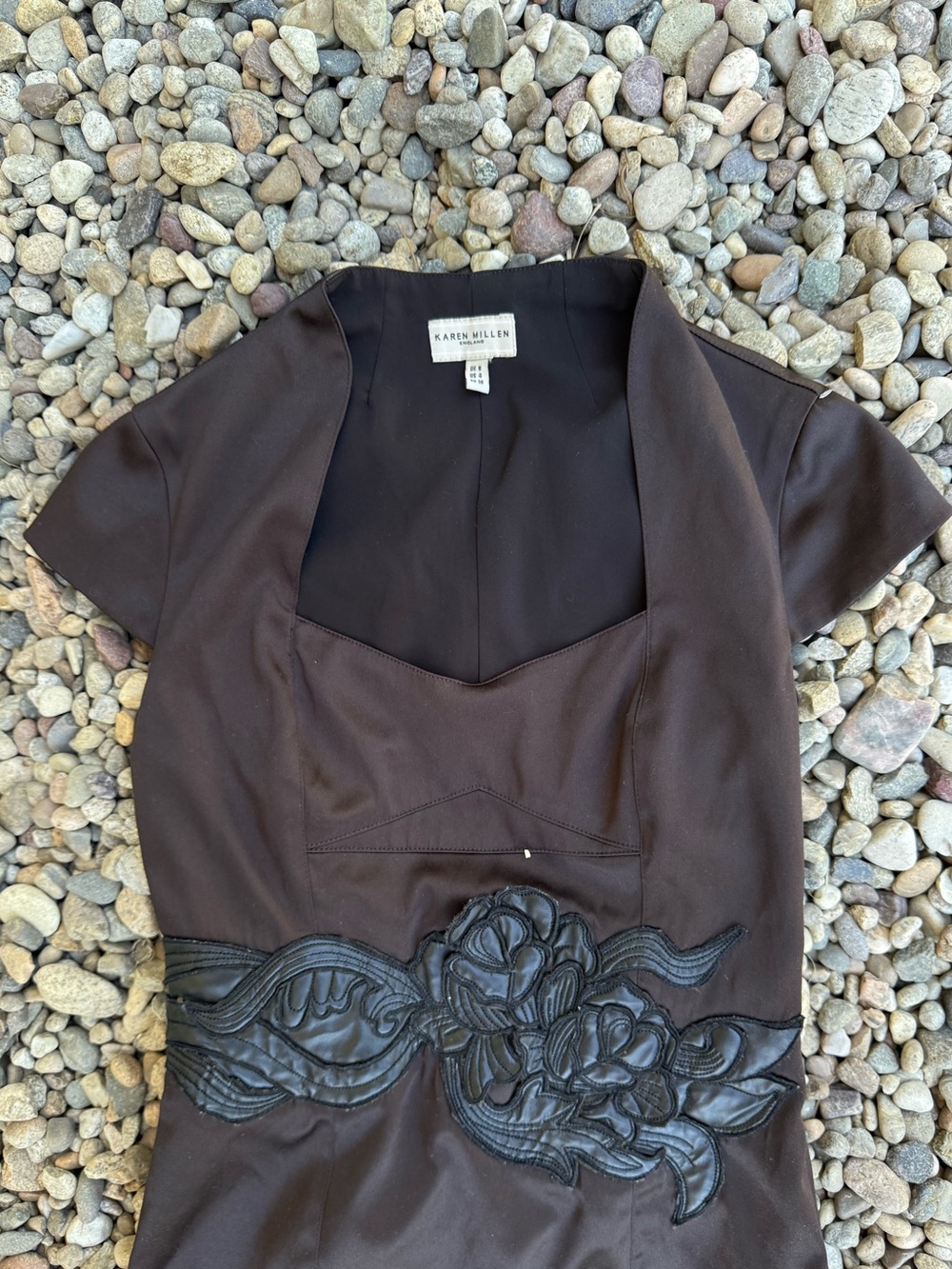 Karen Millen Dark Brown Midi Dress with Faux Leather Floral Embroidered Waist - Picture 3 of 12